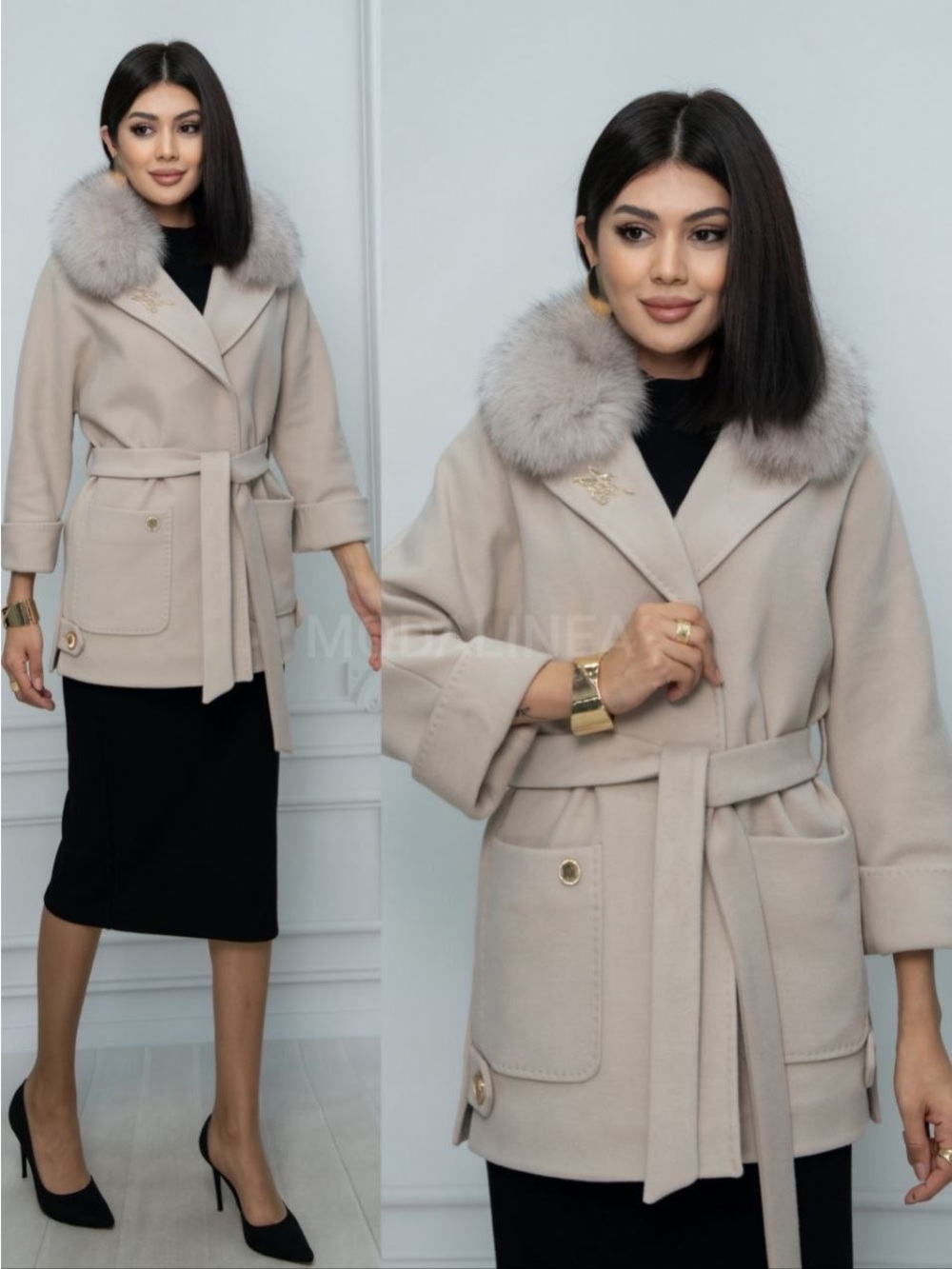 Womens Beige Belted Wool-Blend Coat with Faux Fur Collar rémovable